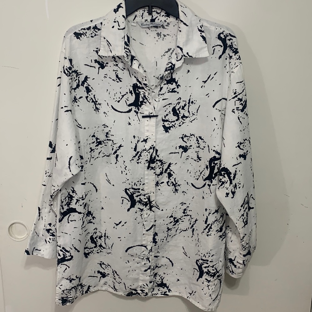 COURTNEY WASHINGTON 100% linen black and white quarter sleeve top